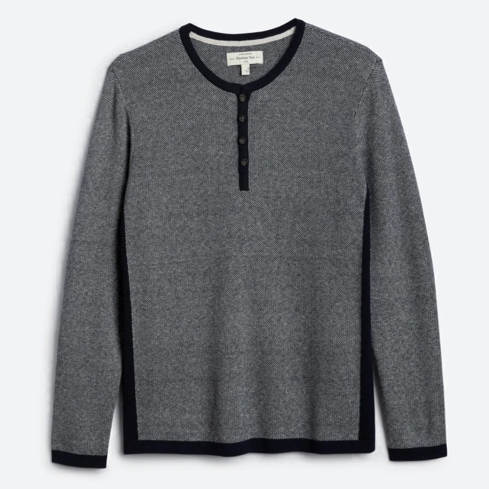 HAWKER RYE Joey Birdseye Henley Sweater in Navy‎ Size Medium